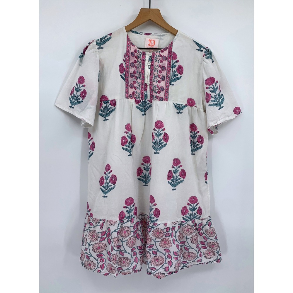 Victoria Dunn Dress Womens XL White Pink Floral Print Cotton Ruffle Boho